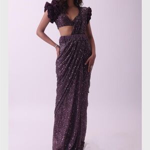 Purple Pre Stitched Embroidered Saree and Blouse Set